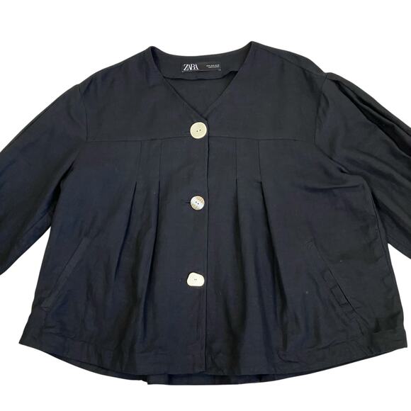 Zara Sz M Twee Chunky Button Front Short Swing Jacket Blazer Linen Blend Black - Picture 12 of 16